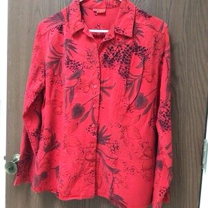 Tianello Red Floral Button-Down top, tailored, tencel rayon, sz S